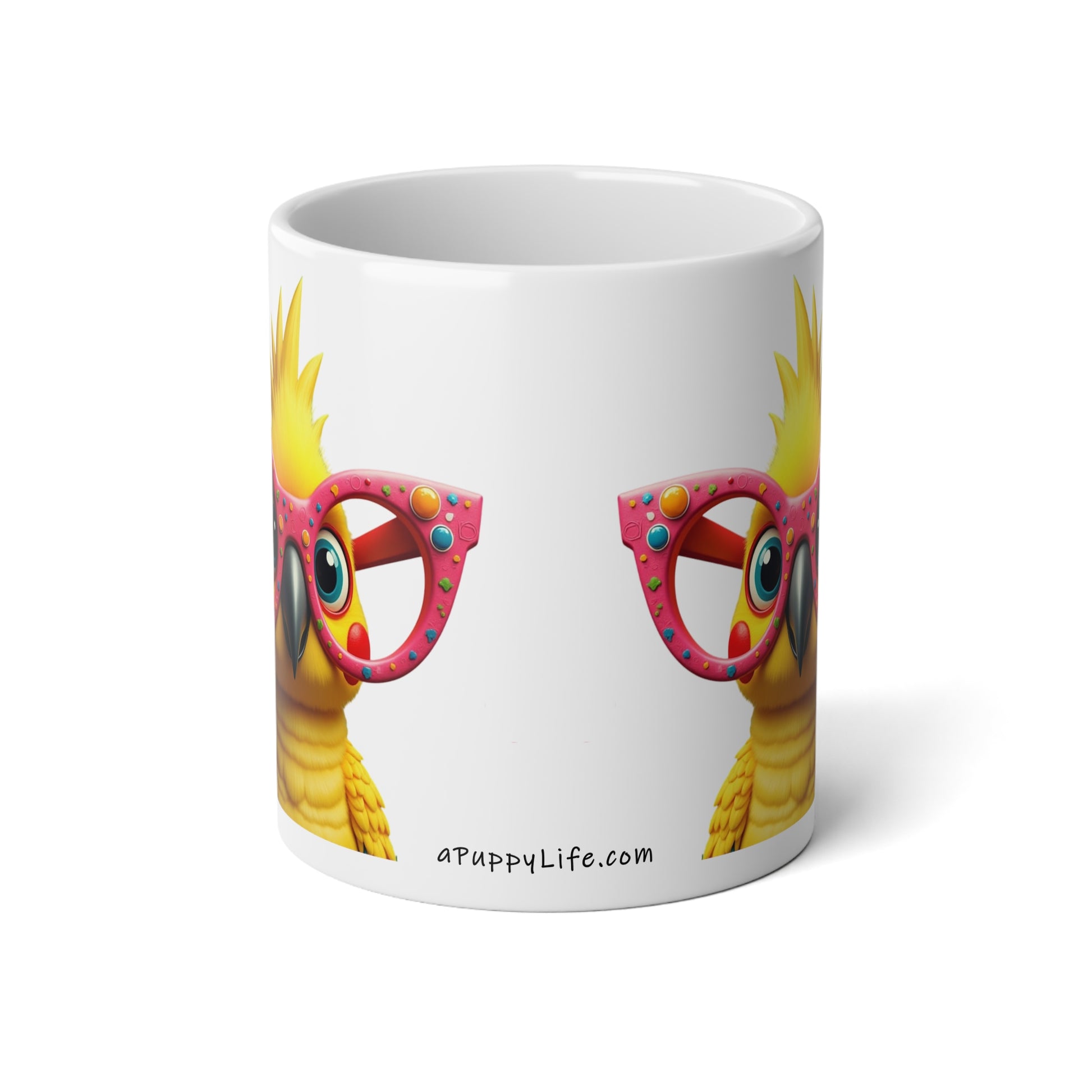 Large, 20oz Funny Mug, Parakeet Wearing Sunglasses - handle away from viewer