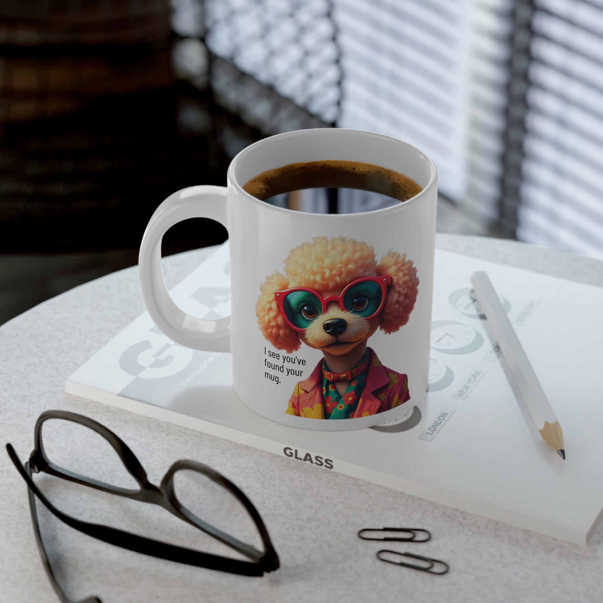Large, 20oz Funny Mug,  Poodle Dog Wearing Sunglasses context left