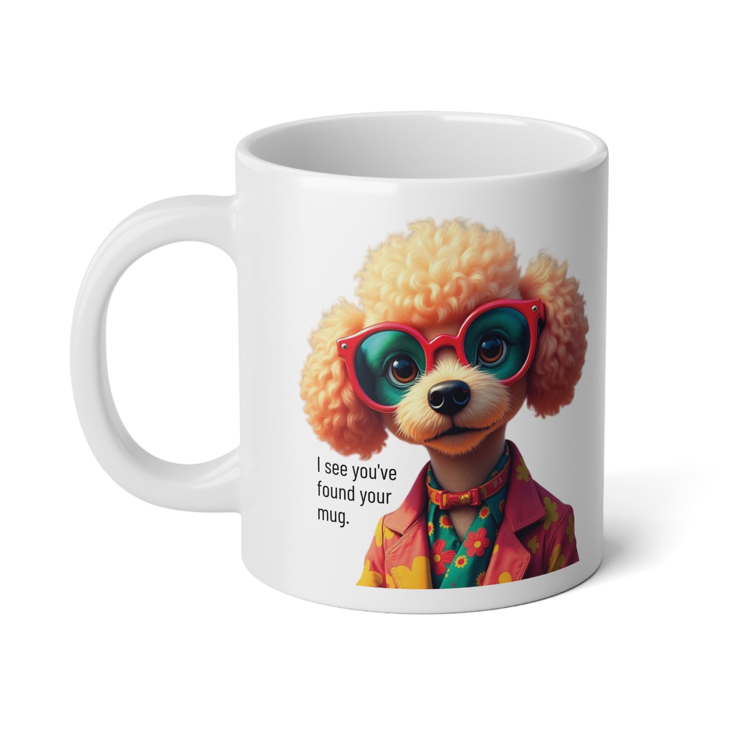 Large, 20oz Funny Mug,  Poodle Dog Wearing Sunglasses handle toward the left of screen