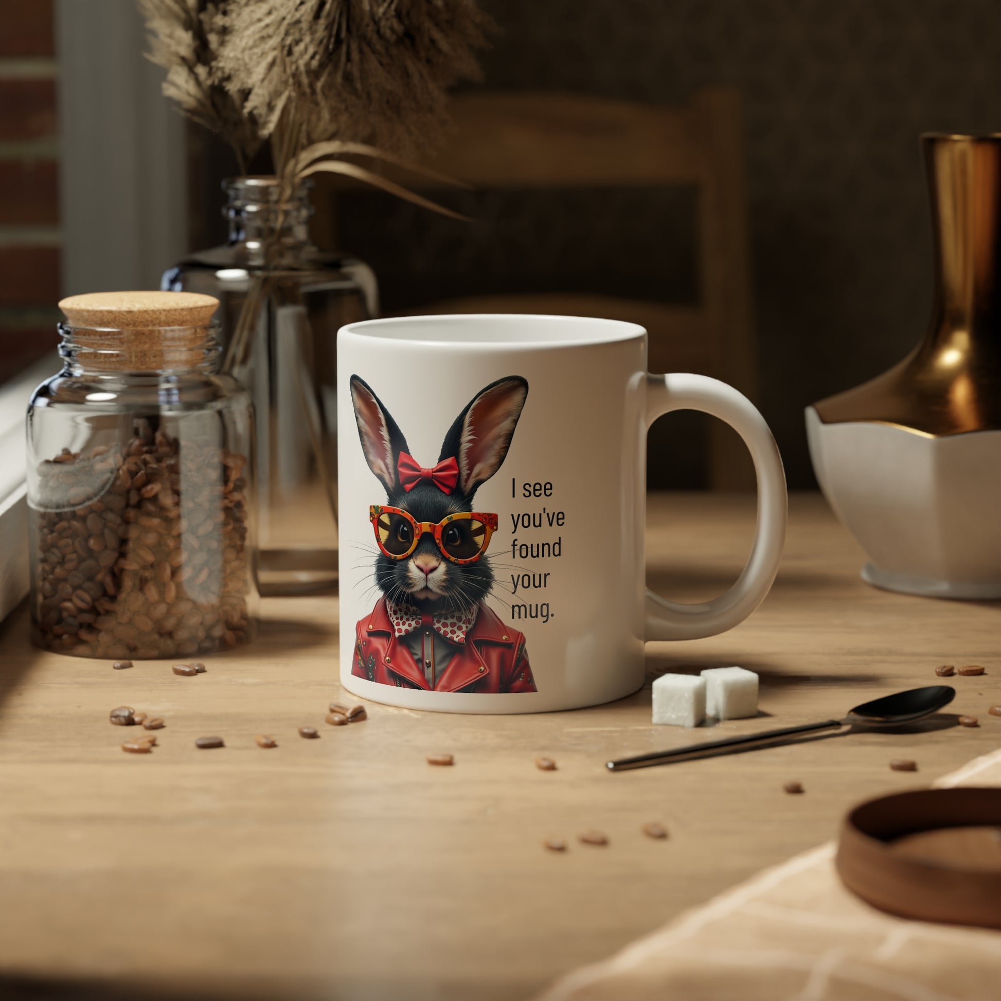 Large, 20oz  Funny Mug,  Retro Rabbit Wearing Sunglasses - context right