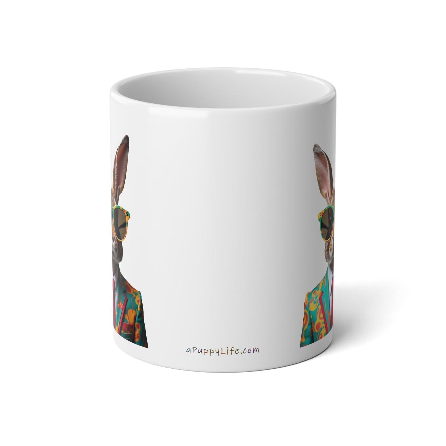 Large, 20oz Funny Mug, Retro Rabbit in a Suit, Rabbit Wearing Sunglasses - handle away from viewer