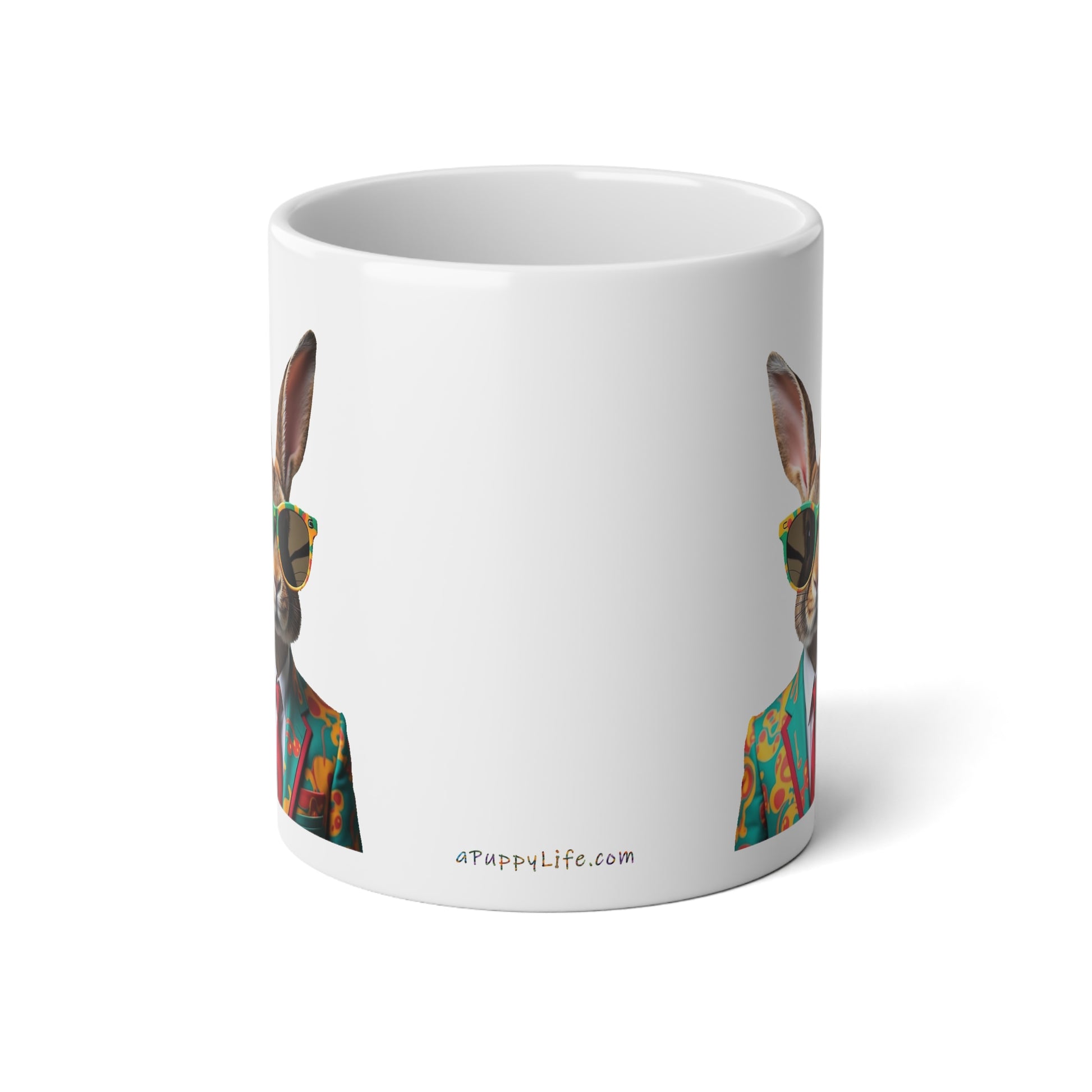 Large, 20oz Funny Mug, Retro Rabbit in a Suit, Rabbit Wearing Sunglasses - handle away from viewer
