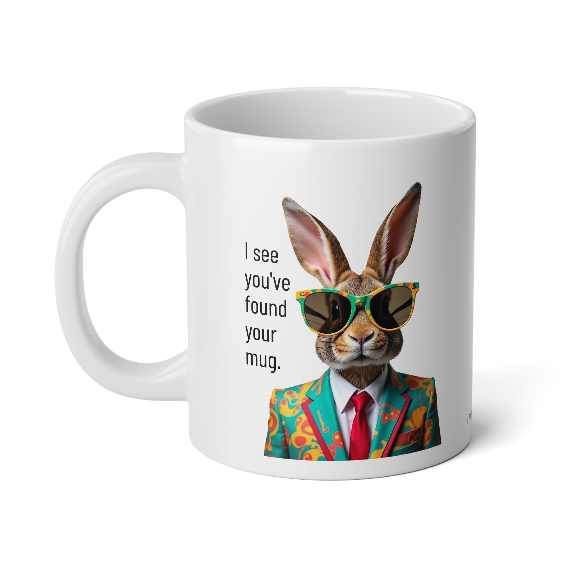Large, 20oz Funny Mug, Retro Rabbit in a Suit, Rabbit Wearing Sunglasses - handle towards left side of screen