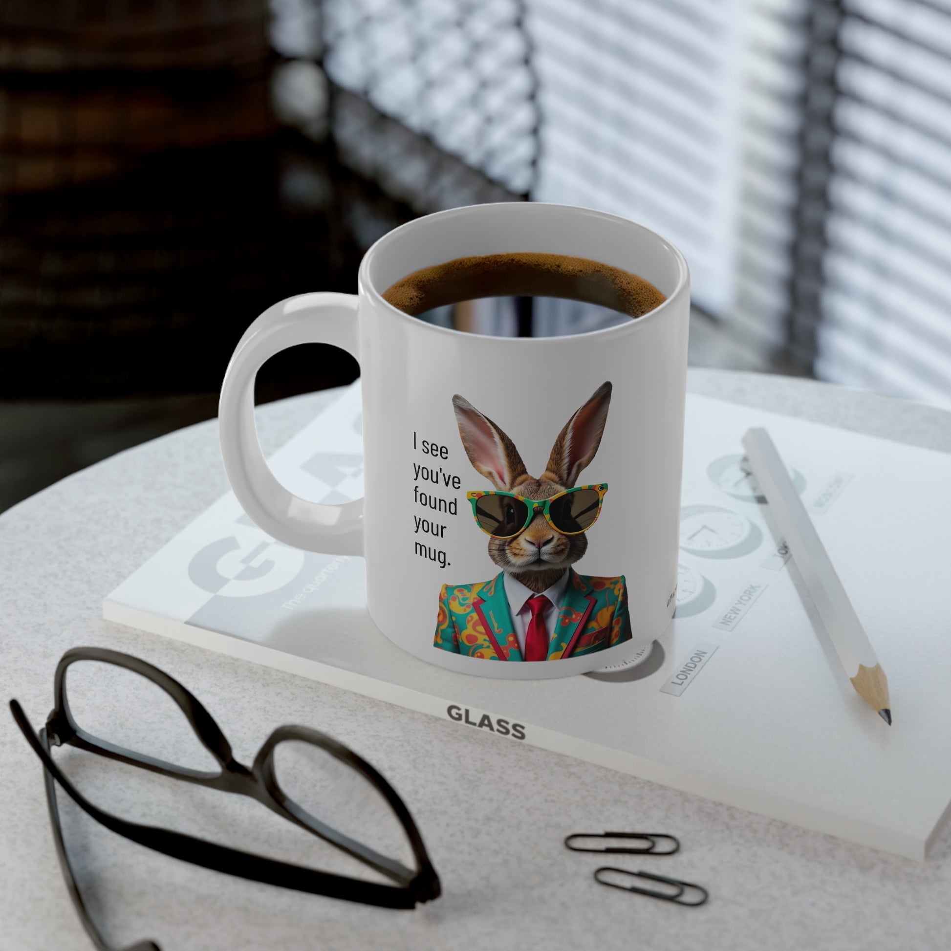 Large, 20oz Funny Mug, Retro Rabbit in a Suit, Rabbit Wearing Sunglasses -context left