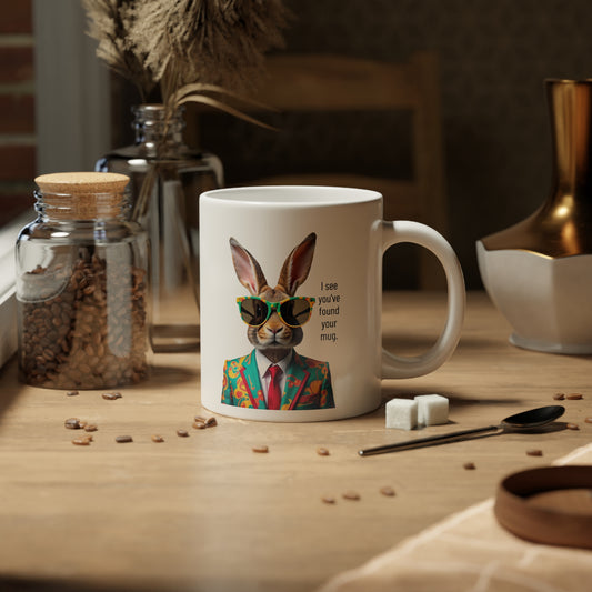 Large, 20oz Funny Mug, Retro Rabbit in a Suit, Rabbit Wearing Sunglasses -context right