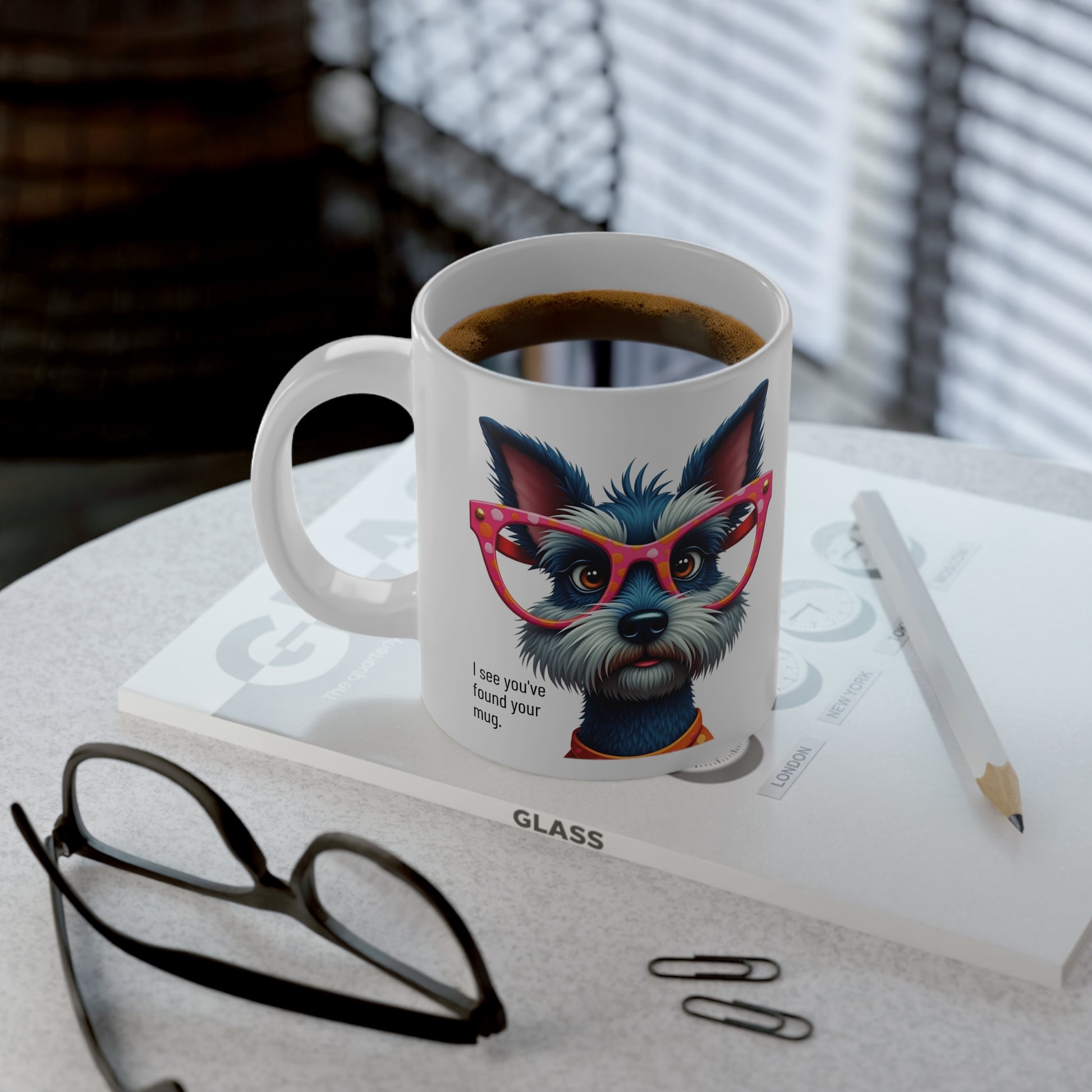 Large, 20oz Funny Mug, Schnauzer Dog Wearing Sunglasses context Left