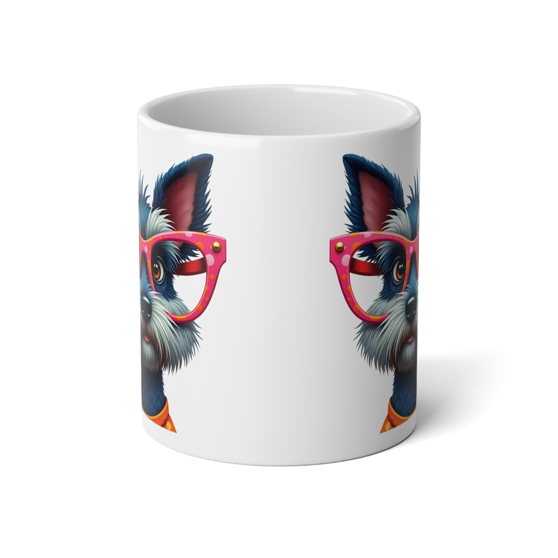 Large, 20oz Funny Mug, Schnauzer Dog Wearing Sunglasses handle away from  viewer