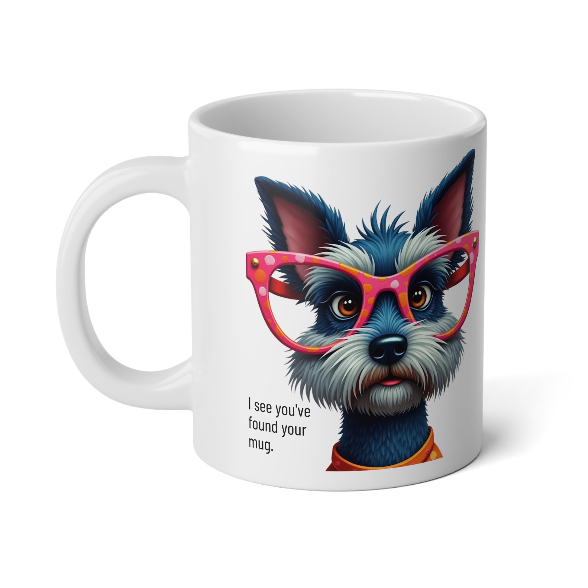 Large, 20oz Funny Mug, Schnauzer Dog Wearing Sunglasses handle towards the left of screen