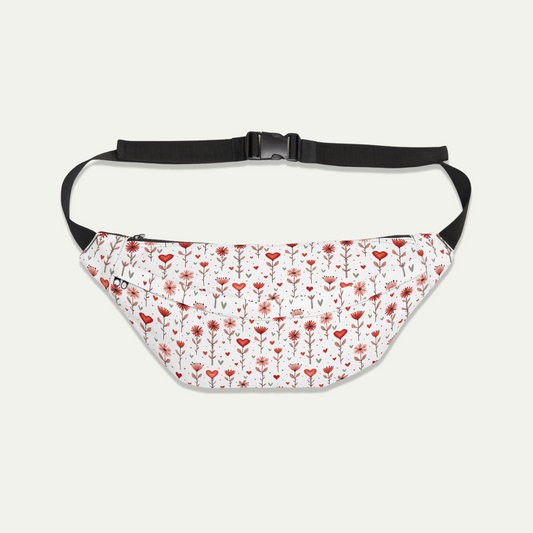 Fanny Pack, Pink Hearts and flowers on White background