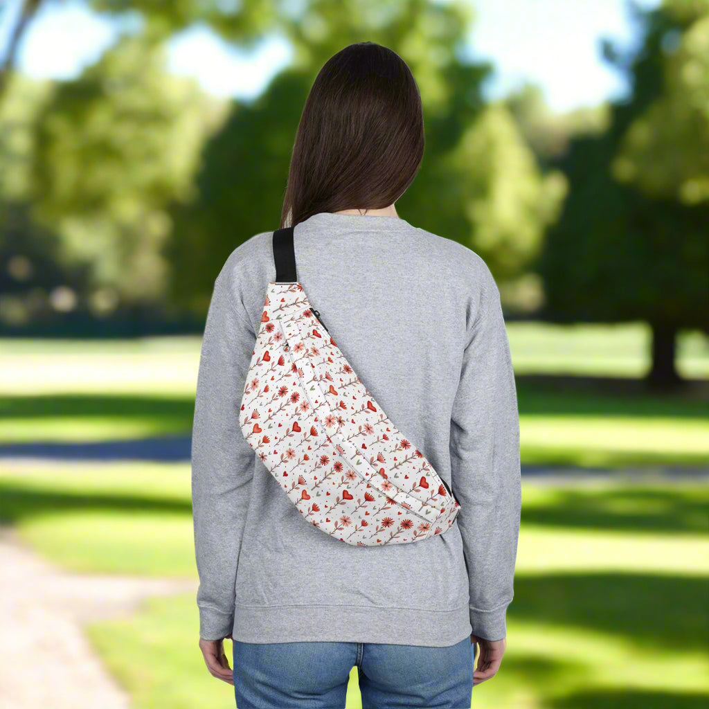 Large Fanny Pack, Pink Hearts and flowers on White background context back