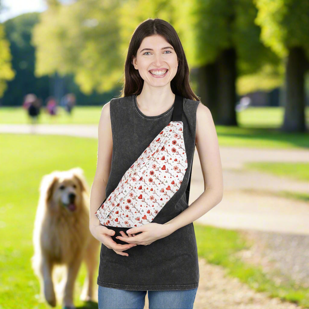 Large Fanny Pack, Pink Hearts and flowers on White background context front