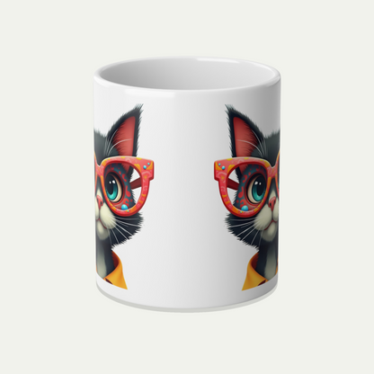 Large Mug, 20oz Funny Mug,  Black Cat Wearing Glasses