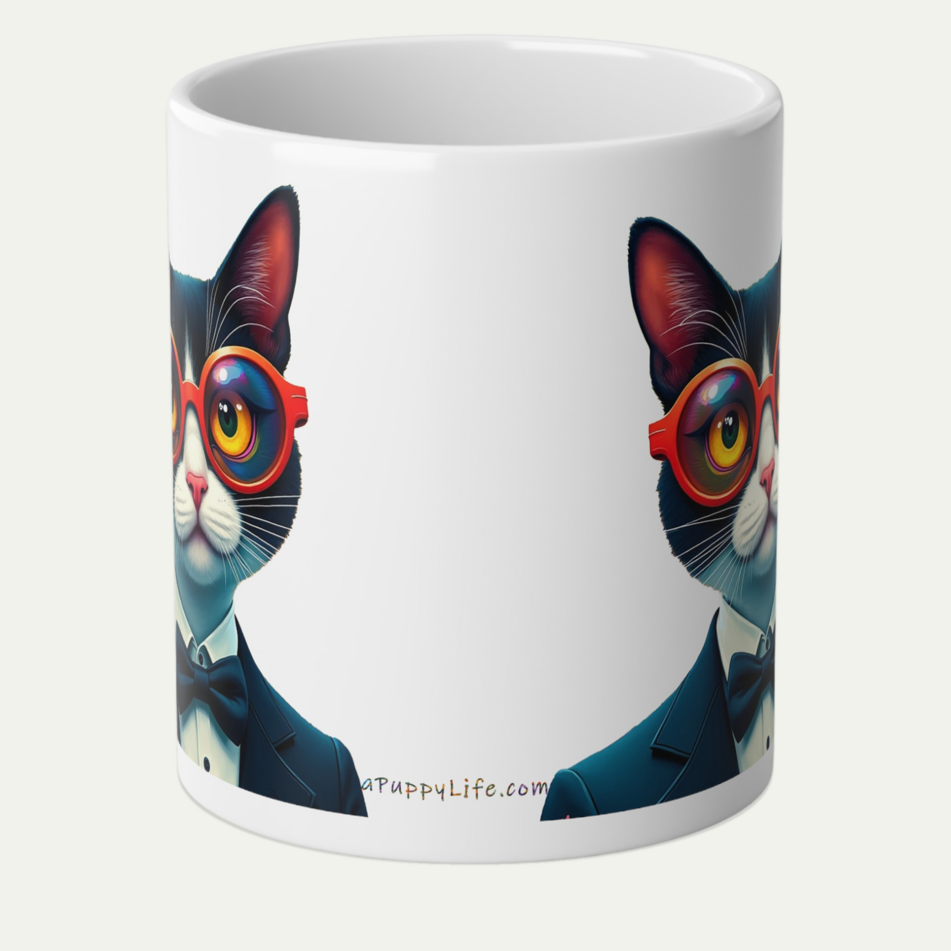 Jumbo, 20rightoz Funny Mug, Tuxedo Cat Wearing  Sunglasses - handle away from viewer