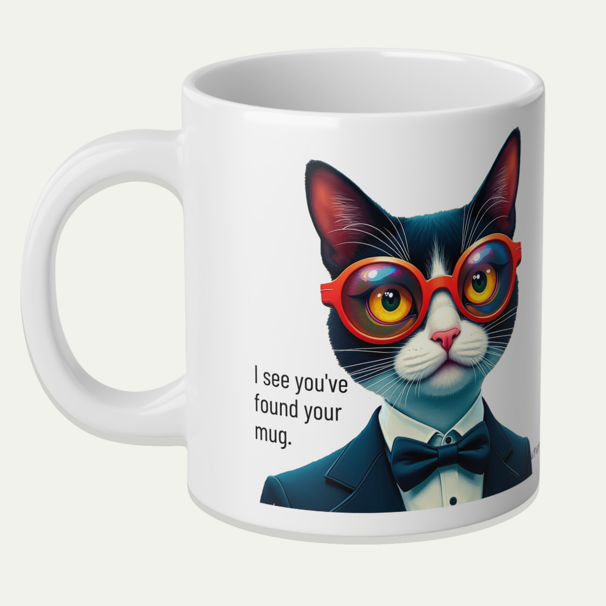 Jumbo, 20rightoz Funny Mug, Tuxedo Cat Wearing  Sunglasses - handle towards left of screen