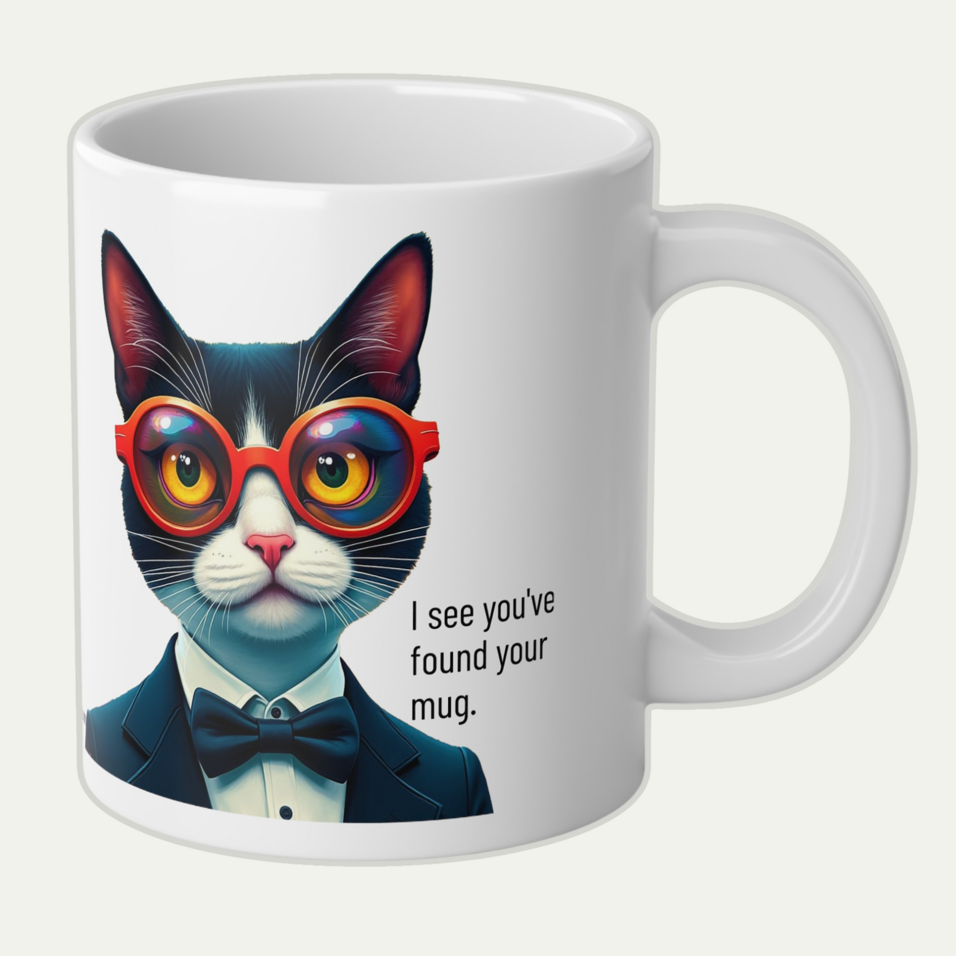 Jumbo, 20rightoz Funny Mug, Tuxedo Cat Wearing  Sunglasses - handle towards right of screen