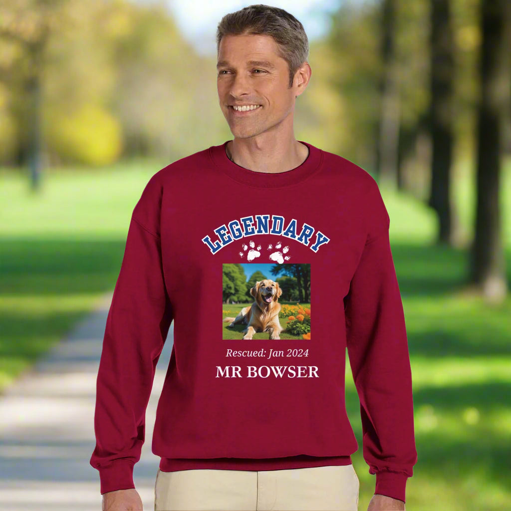 Legendary Pet Personalized  Crewneck Sweatshirt in Letterman Design, add custom pet photo context