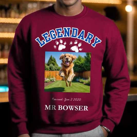 Legendary Pet Personalized  Crewneck Sweatshirt in Letterman Design, add custom pet photo context Cardinal Red