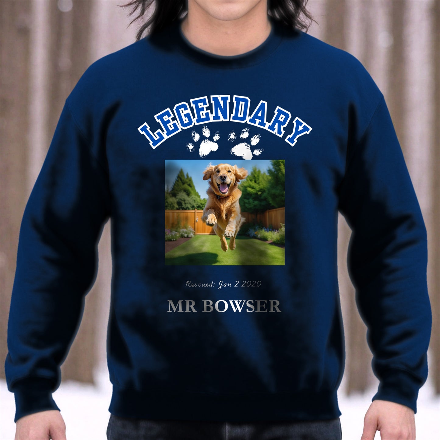 Legendary Pet Personalized  Crewneck Sweatshirt in Letterman Design, add custom pet photo context Navy