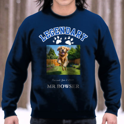 Legendary Pet Personalized  Crewneck Sweatshirt in Letterman Design, add custom pet photo context Navy