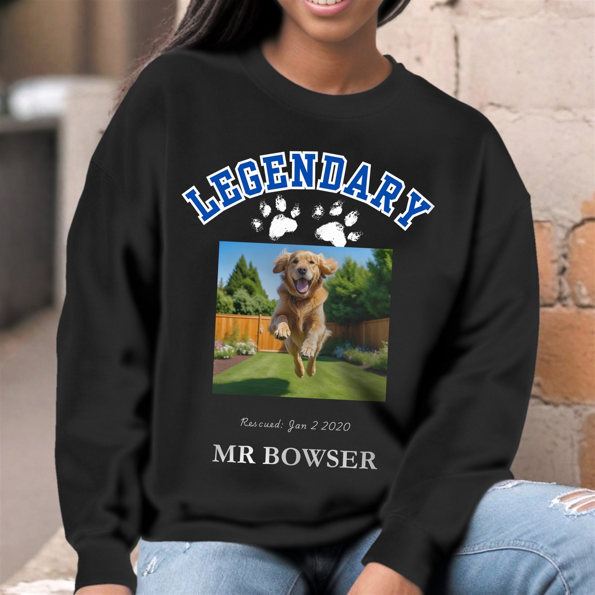 Legendary Pet Personalized  Crewneck Sweatshirt in Letterman Design, add custom pet photo context Black