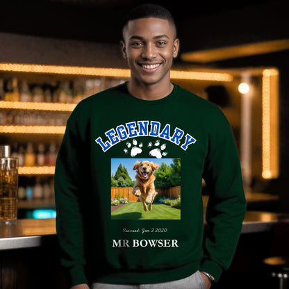 Legendary Pet Personalized  Crewneck Sweatshirt in Letterman Design, add custom pet photo context Forest Green