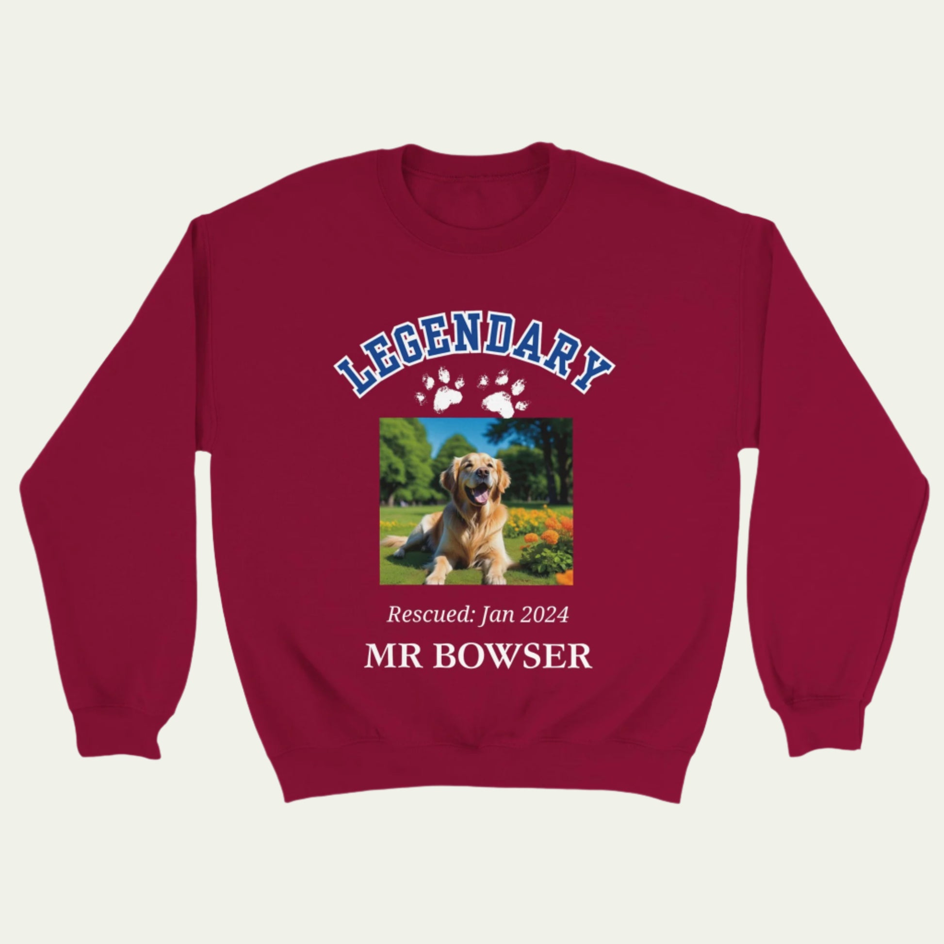 Legendary Pet Personalized  Crewneck Sweatshirt in Letterman Design, add custom pet photo front Cardinal Red