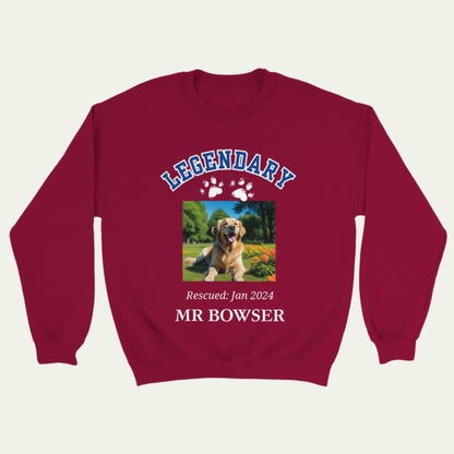 Legendary Pet Personalized  Crewneck Sweatshirt in Letterman Design, add custom pet photo front Cardinal Red