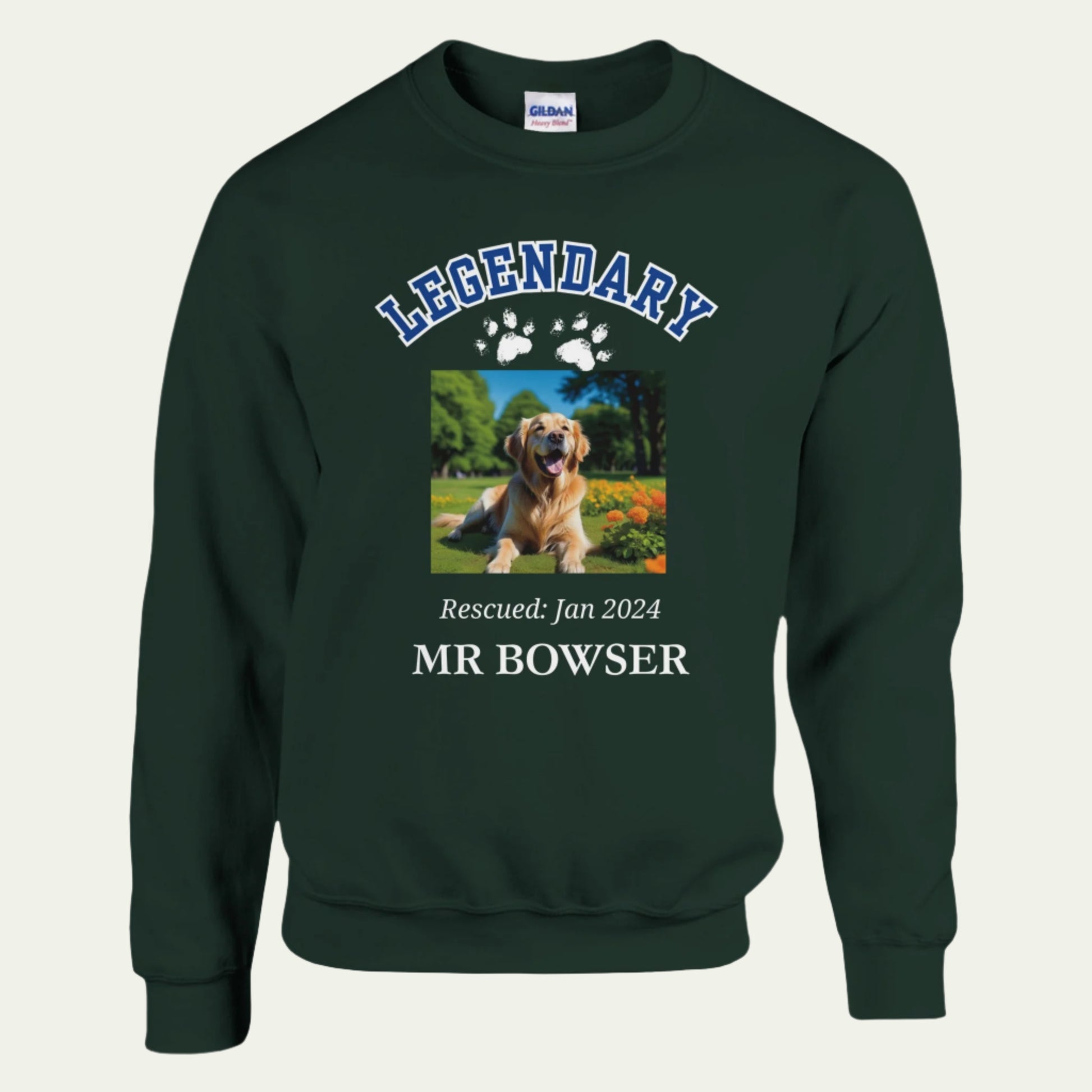 Legendary Pet Personalized  Crewneck Sweatshirt in Letterman Design, add custom pet photo front Forest Green