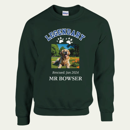 Legendary Pet Personalized  Crewneck Sweatshirt in Letterman Design, add custom pet photo front Forest Green