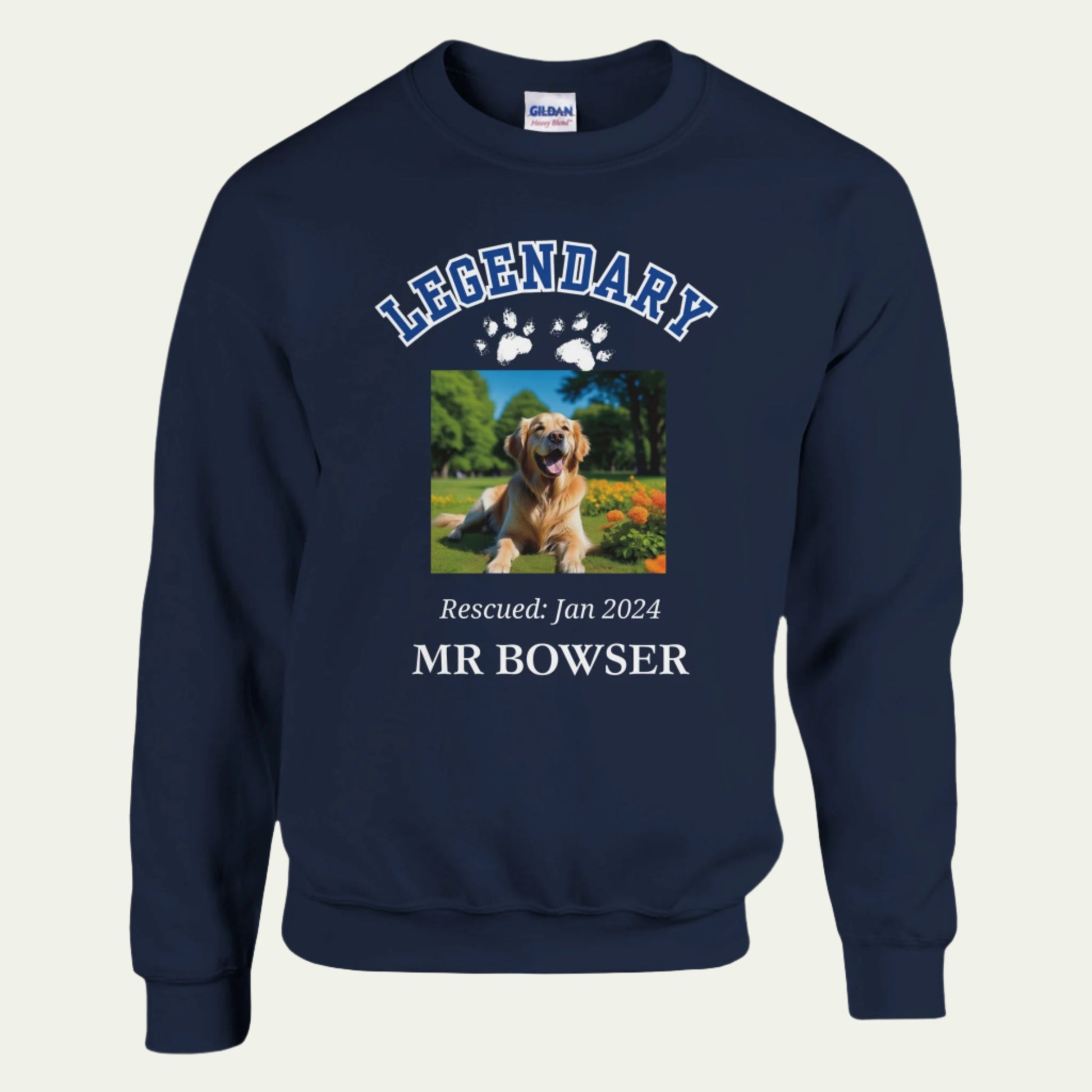 Legendary Pet Personalized  Crewneck Sweatshirt in Letterman Design, add custom pet photo front Navy Blue
