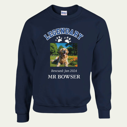 Legendary Pet Personalized  Crewneck Sweatshirt in Letterman Design, add custom pet photo front Navy Blue
