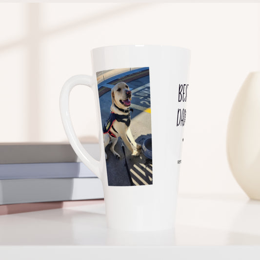 Tall Latte Mug with a dog photo and 'Best Dog Dad' text on a white surface option to customise with dog's name.