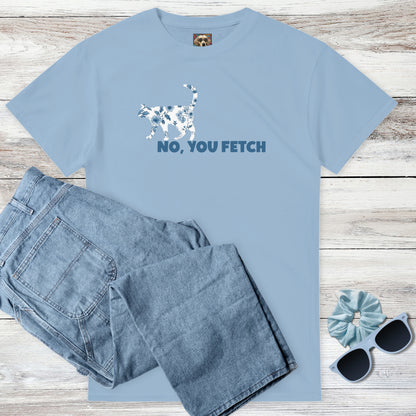 Light blue tee with coquette cottagecore blue and white flowers on a cat graphic and  witty 'NO, YOU FETCH' text, and outfit suggestion - blue jeans, sunglasses, and scrunchie on a wooden surface.