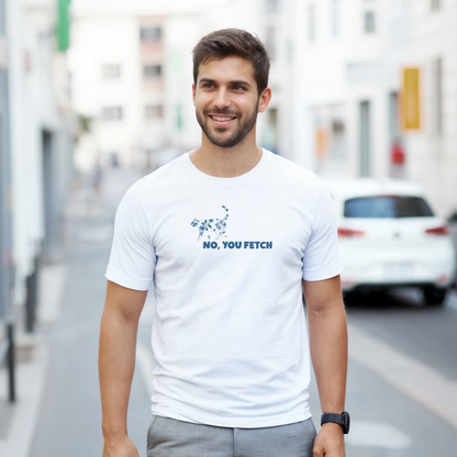 Man wearing a white t-shirt with a cottagecore cat and witty text, 'No,you fetch' while walking down a street.