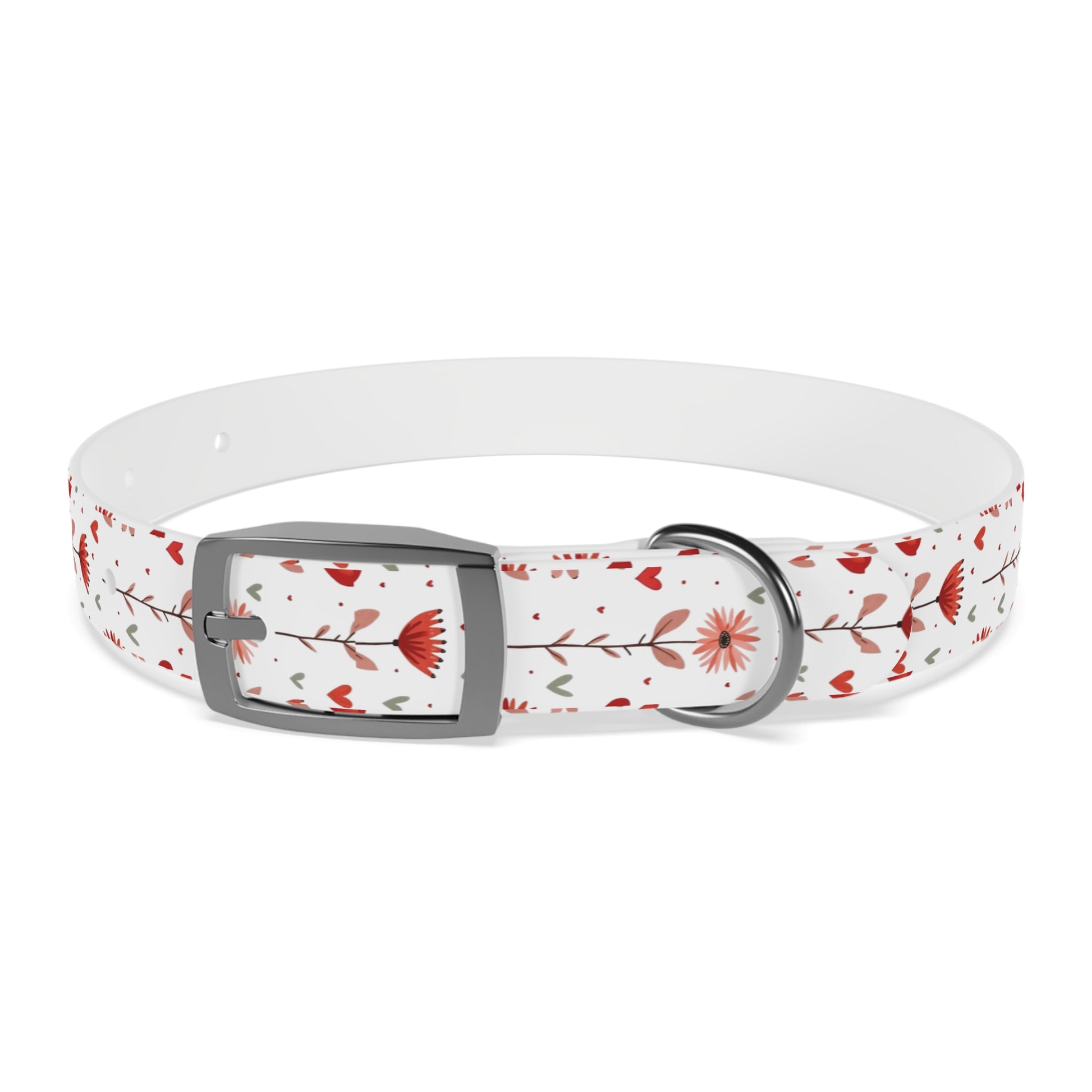 Odor-proof and Stain-Resistant Dog Collar, Pink Floral on a White Background  gun metal, silver buckle