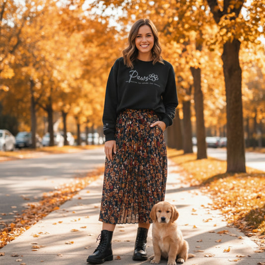 Woman in a black pullover crew neck custom embroidered sweatshirt and floral skirt standing with a puppy dog on a sidewalk lined with trees with autumn foliage.