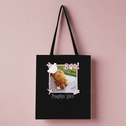 Black tote bag with a Cute Pink Halloween themed picture frame graphic and text on a pink background