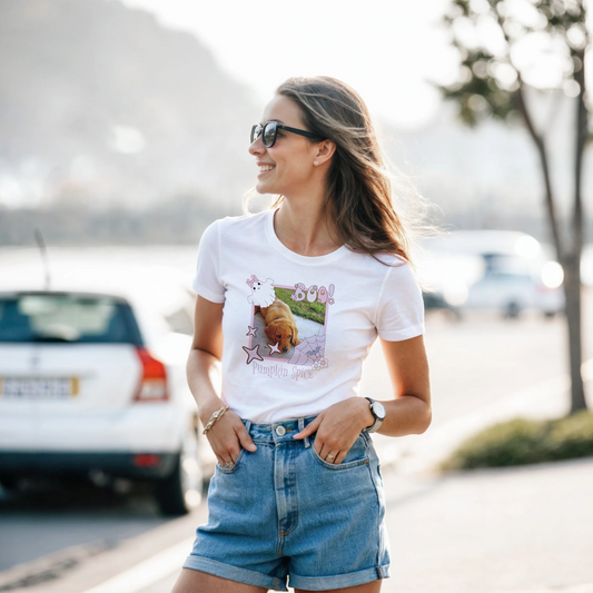 Woman wearing a white t-shirt with a Coquette pink Halloween picture frame graphic design standing outdoors