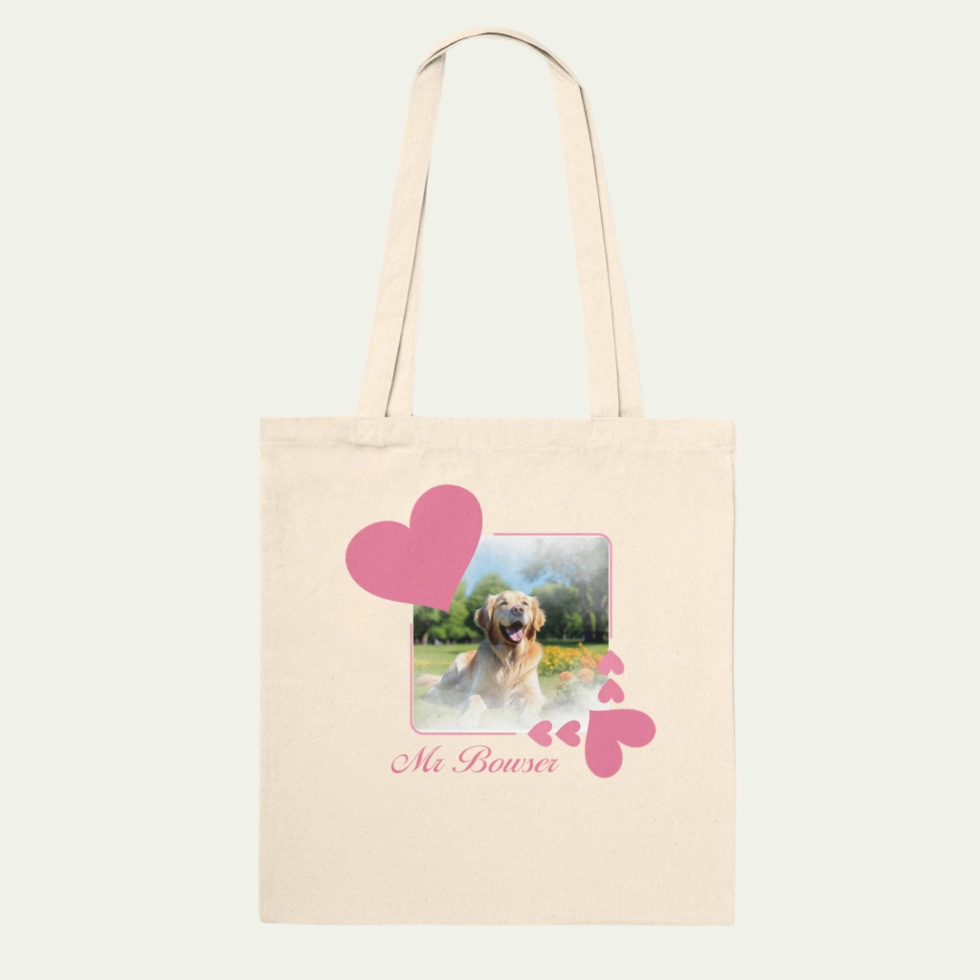 Personalizable Cotton Eco-Friendly Tote Bag with Pink Heart Frames for Custom Pet Photos Back