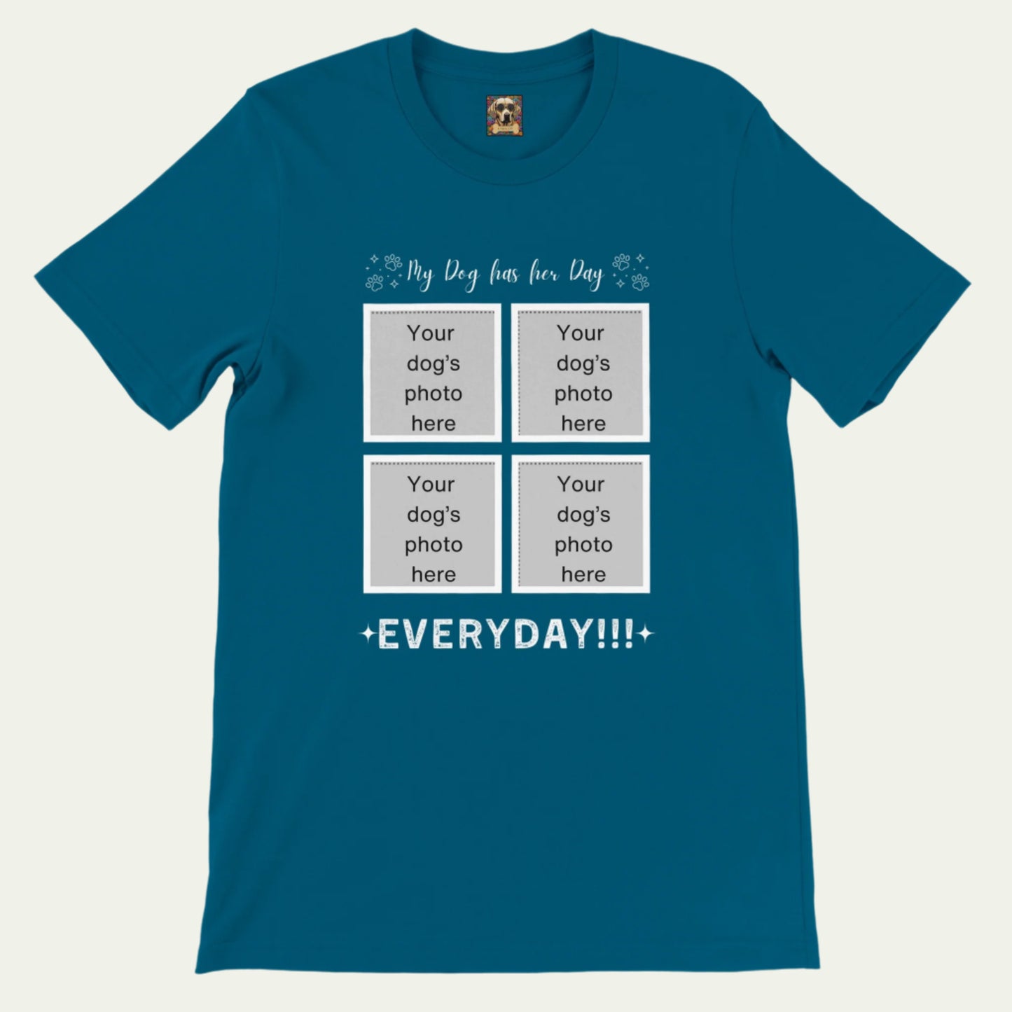 Personalizable Premium Cotton Crewneck T-shirt for Dog Owner, Add Four Photos, her day, Deep Teal