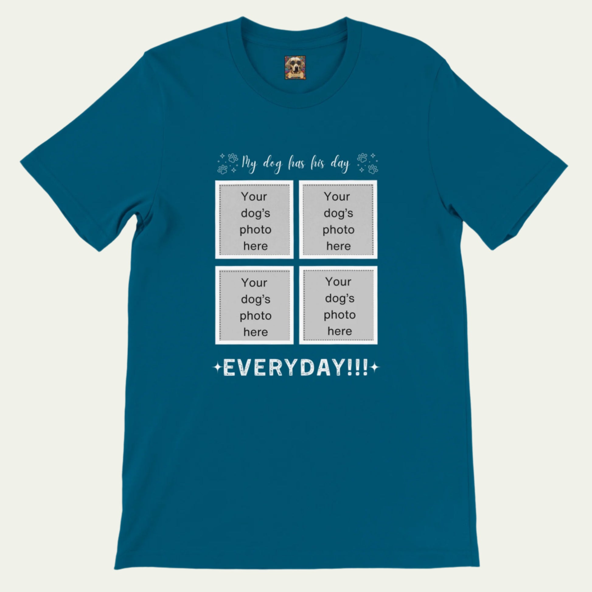 Personalizable Premium Cotton Crewneck T-shirt for Dog Owner, Add Four Photos, his day, Deep Teal