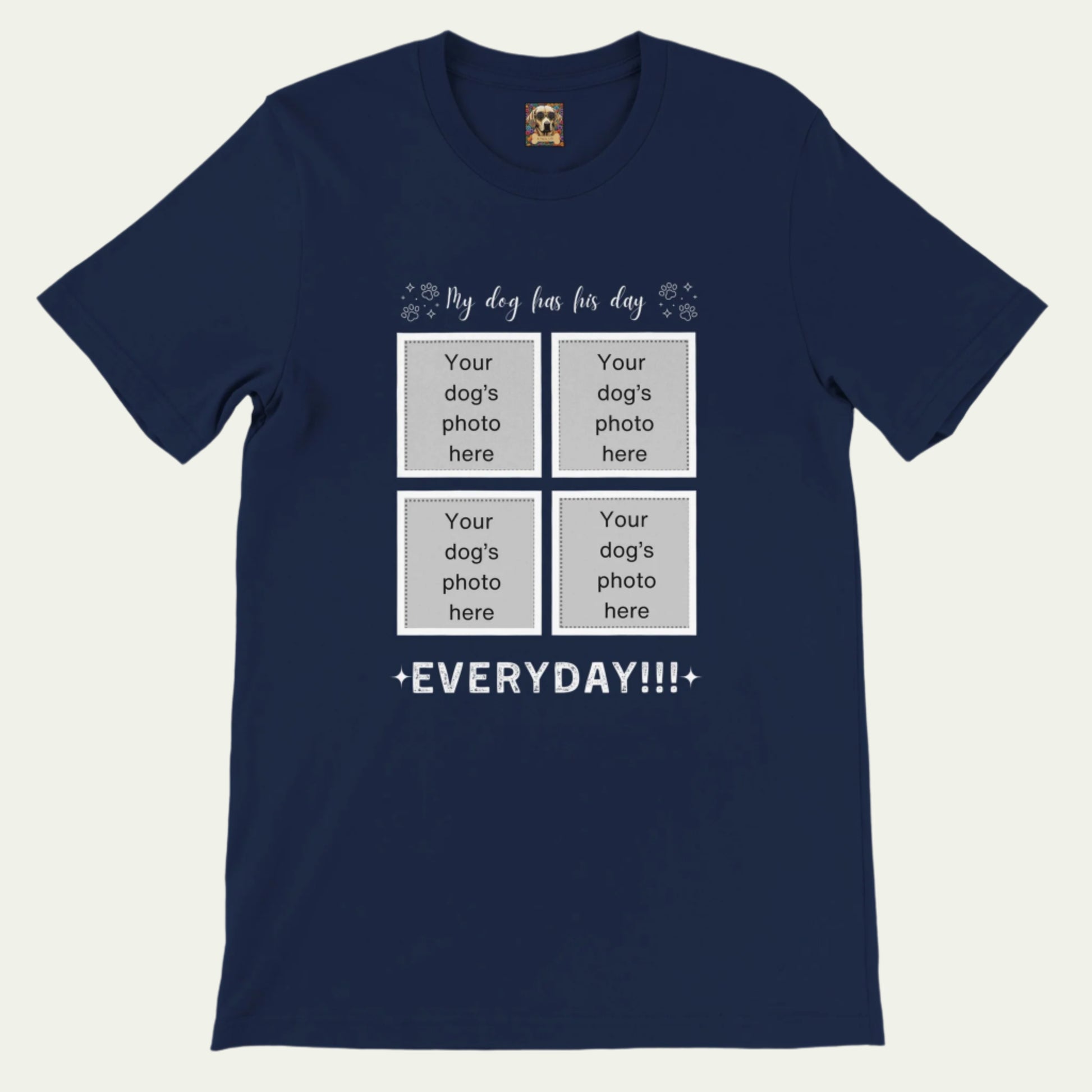 Personalizable Premium Cotton Crewneck T-shirt for Dog Owner, Add Four Photos, his day, Navy