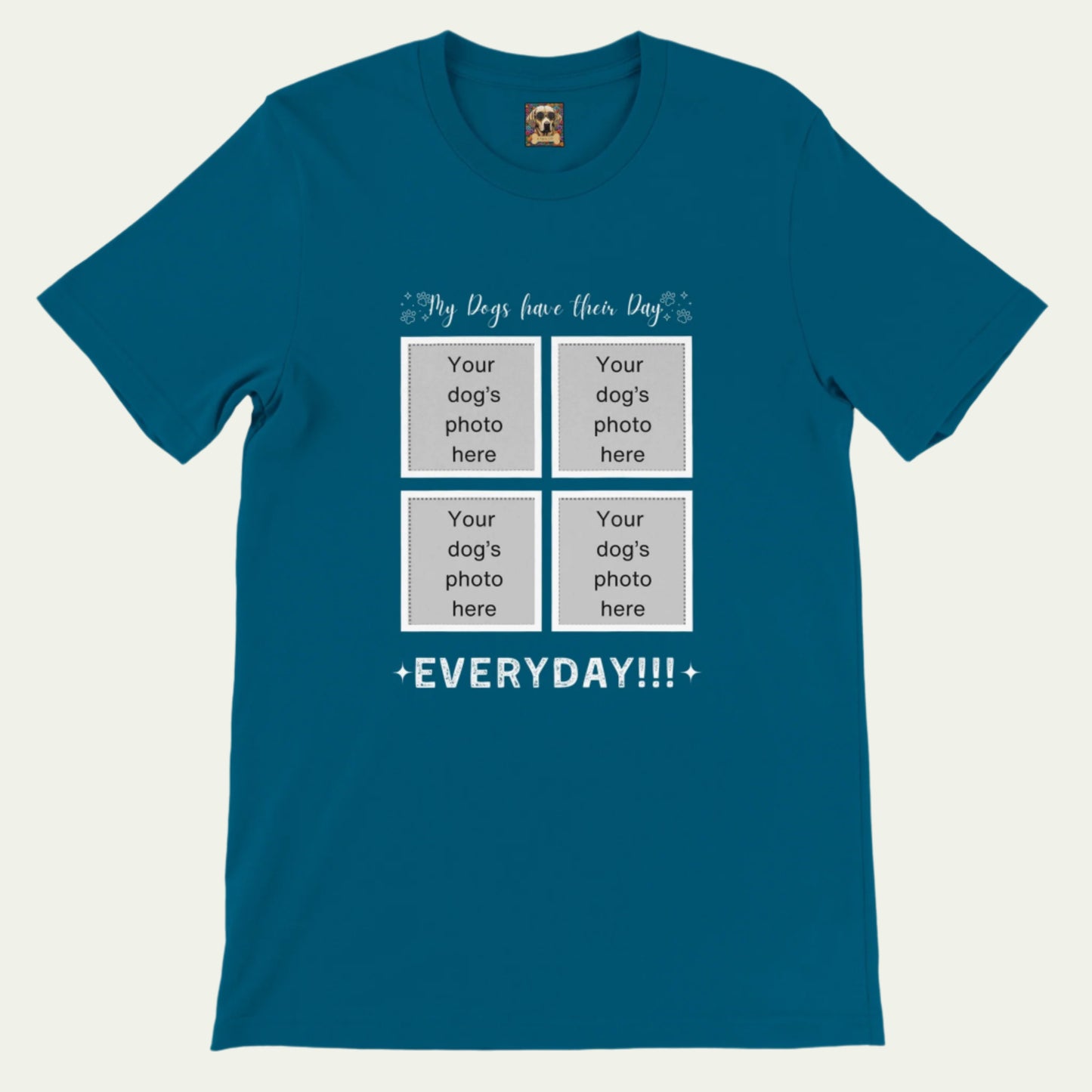 Personalizable Premium Cotton Crewneck T-shirt for Dog Owner, Add Four Photos, their day, Deep Teal