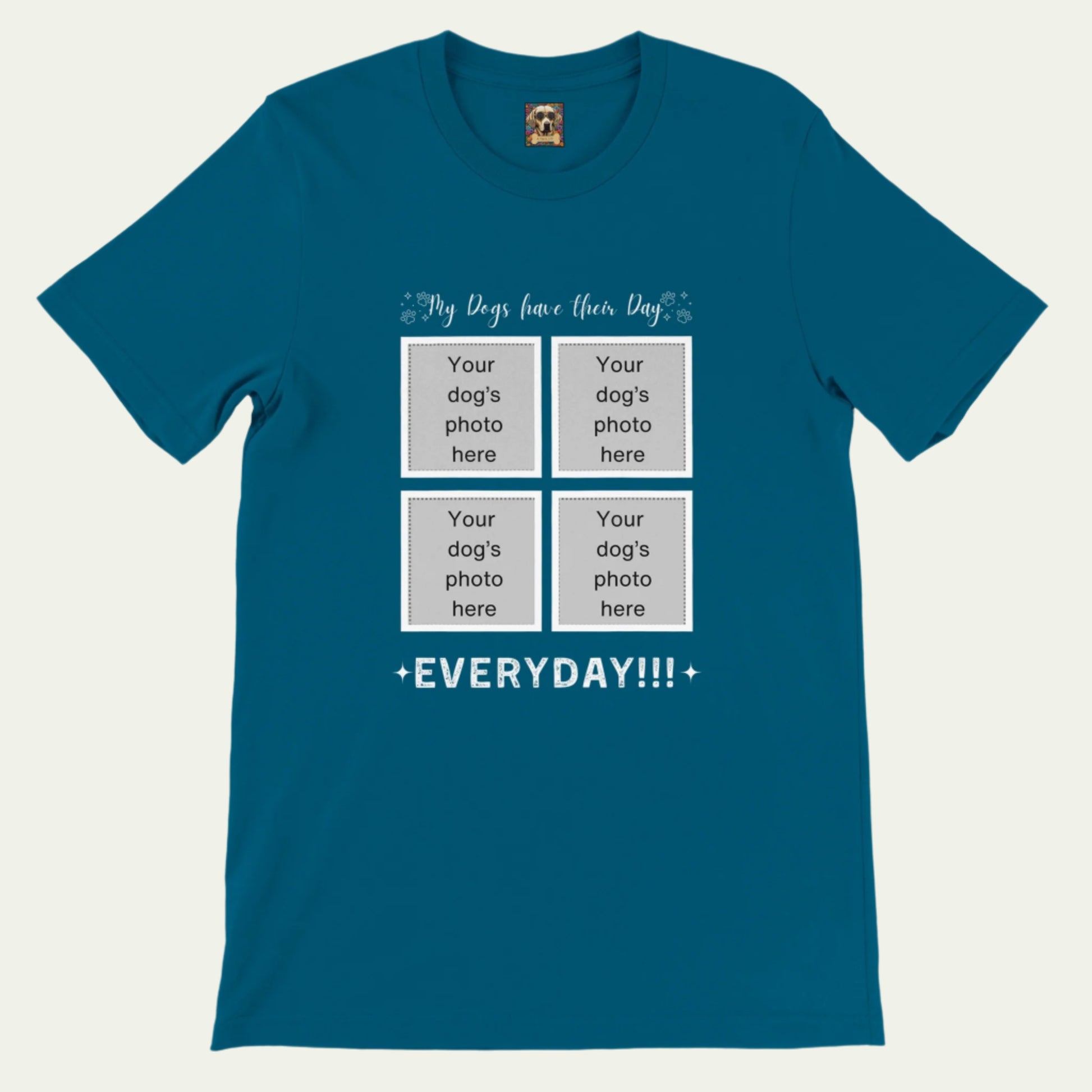 Personalizable Premium Cotton Crewneck T-shirt for Dog Owner, Add Four Photos, their day, Deep Teal