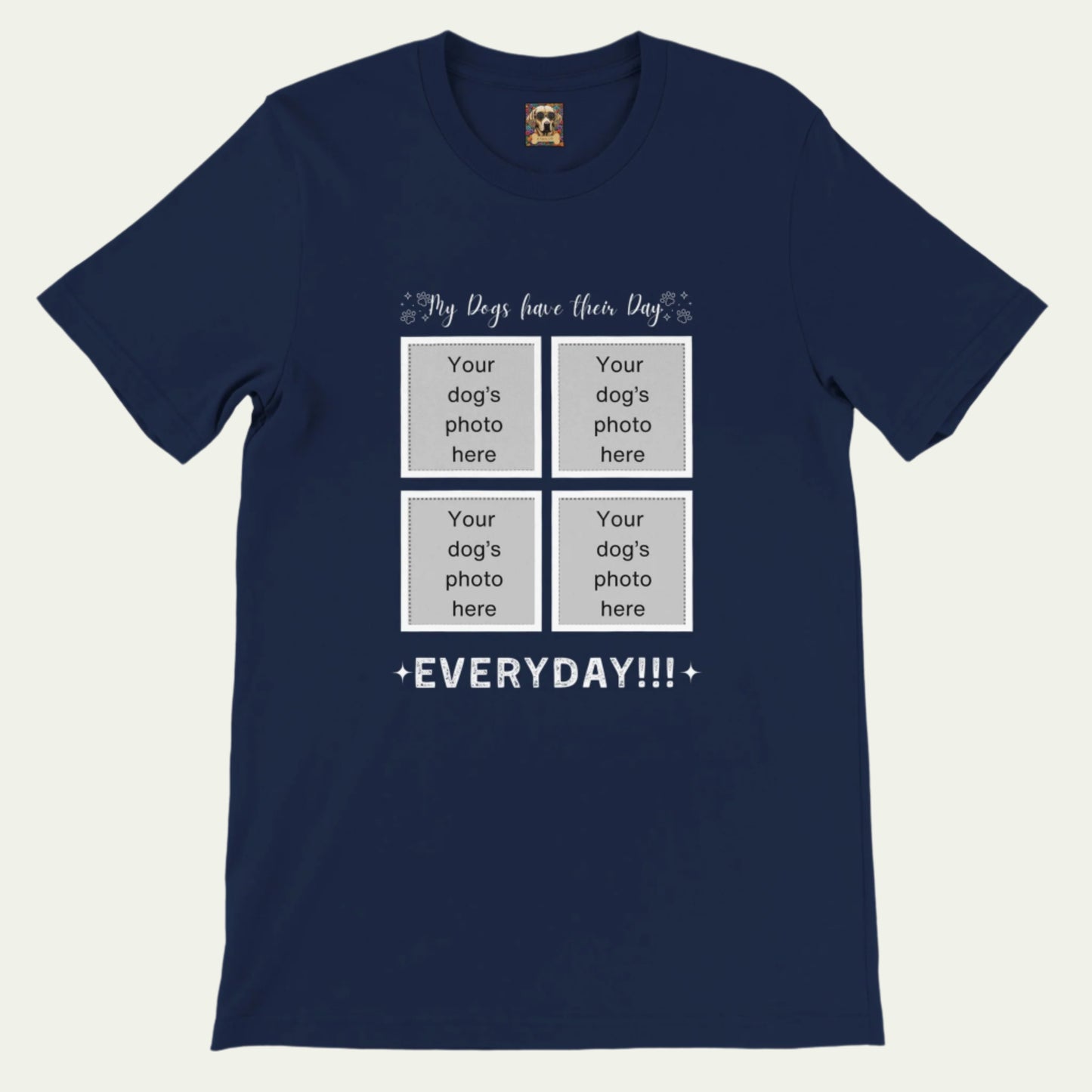 Personalizable Premium Cotton Crewneck T-shirt for Dog Owner, Add Four Photos, their day, Navy