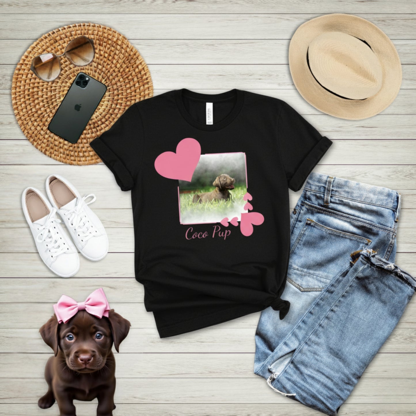 Crewneck Cotton T-shirt, Personalizable T-Shirt with Pink Heart Frame for Pet Photo