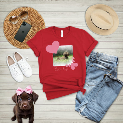 Crewneck Cotton T-shirt, Personalizable T-Shirt with Pink Heart Frame for Pet Photo