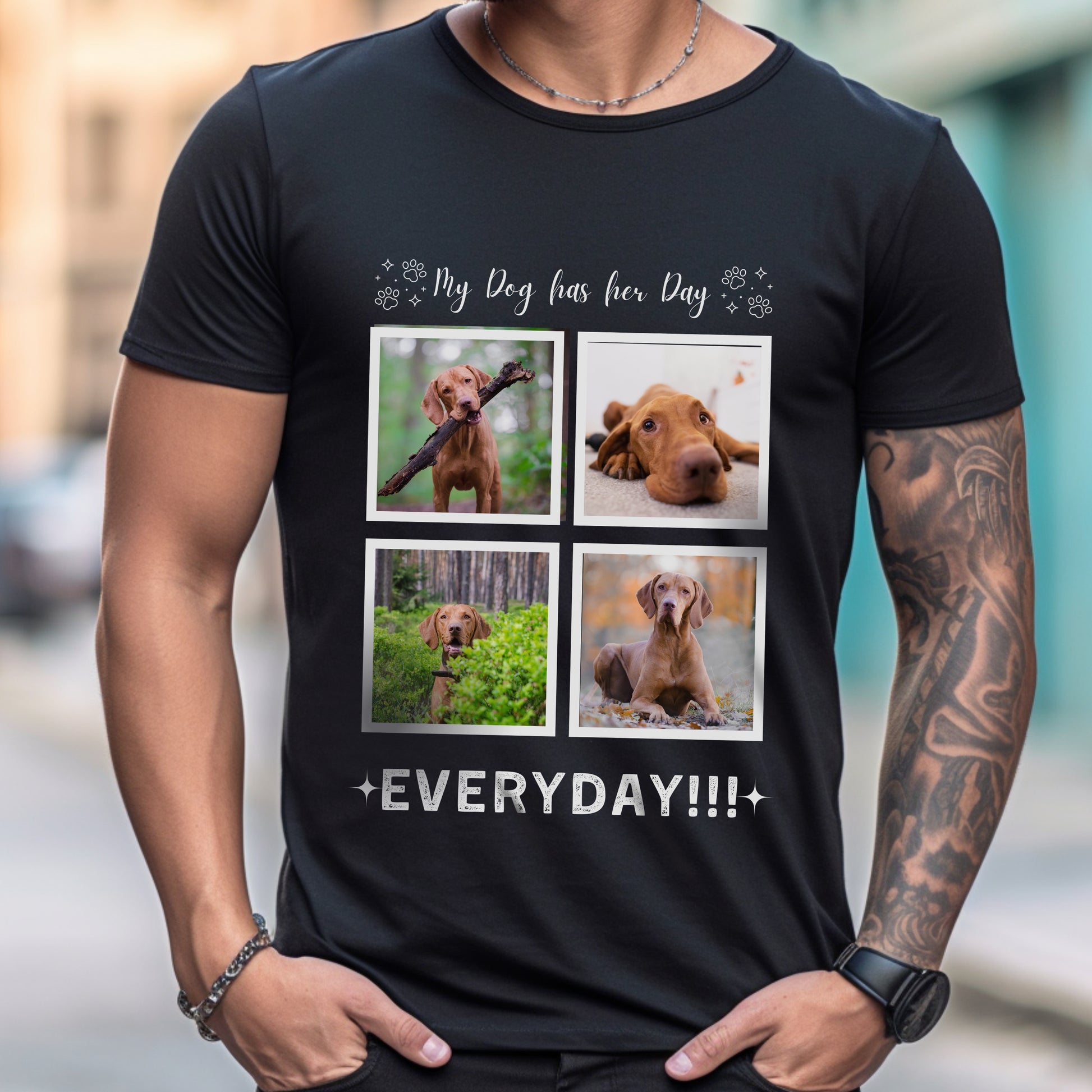 Personalizable with Custom Dog Photos, Premium Cotton Crewneck T-shirt for Dog Owner, Add Four Photos her day context black male context