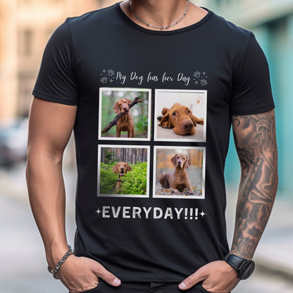 Personalizable with Custom Dog Photos, Premium Cotton Crewneck T-shirt for Dog Owner, Add Four Photos her day context black male context