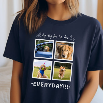 Personalizable with Custom Dog Photos, Premium Cotton Crewneck T-shirt for Dog Owner, Add Four Photos his day context female Navy context